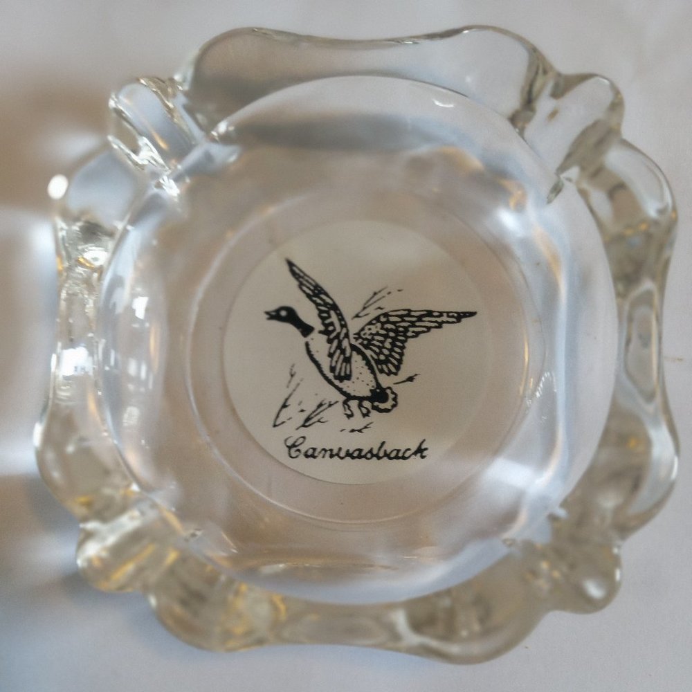 Vintage Clear Glass Ashtray Canvasback Duck Hunting Bird Game 4 Slot Cigarettes